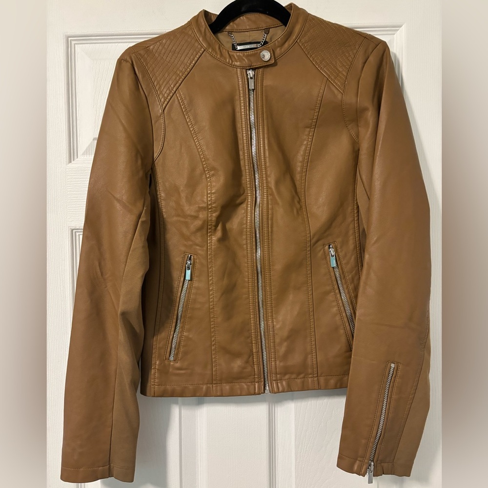 small brown zip up leather jacket from express